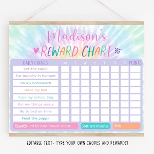 Editable Tie Dye Reward Chart, Tie Dye Behavior Chart, Pastel Rainbow Chart, Girl Reward Chart, Daily Chore Chart, Printable, Digital A570