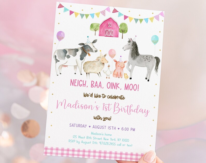 Editable Farm Birthday Invitation Farm Animals Invite Pink Girl Farm Party Barnyard Birthday Printable Digital Download A629