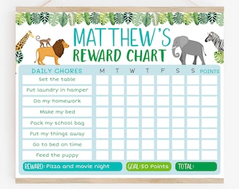 EDITABLE Safari Reward Chart Safari Chore Chart Behavior Chart Safari Animal Boys Daily Reward Chart Printable Digital Instant Download A513