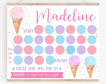 May include: A pink and white ice cream cone reward chart with the name Madeline at the top. The chart has 25 circles in three colours: pink, blue, and purple. The chart has the text "START" and "FINISH!" at the top and bottom of the chart. The chart also has the text "GREAT JOB, YOU DID IT!" and "REWARD: ice cream and movie night!" at the bottom. The chart is editable and you can type your own chores and rewards.