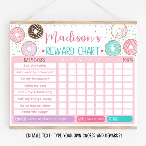 EDITABLE Donut Reward Chart, Donut Behavior Chart, Pink Donut Daily Reward Chart, Girl Chore Chart, Printable, Digital Template A500