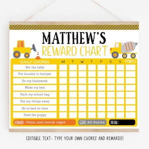 EDITABLE Construction Reward Chart, Chore Chart, Behavior Chart, Boys Construction Trucks, Printable, Digital, Instant Download Template