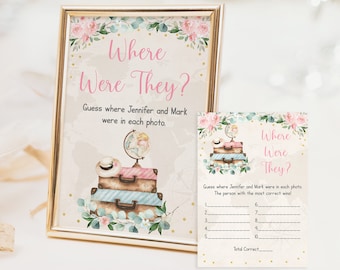 Editable Where Were They Travel Bridal Shower Game Miss To Mrs Pink Gold Floral Eucalyptus Globe Suitcase Traveling Digital Download B200
