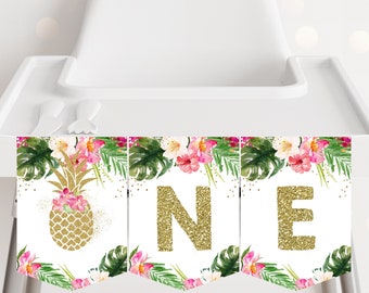 Pineapple ONE High Chair Banner Pineapple First Birthday Banner Girl Tropical Pink Gold Floral Pineapple Printable Digital Download A494