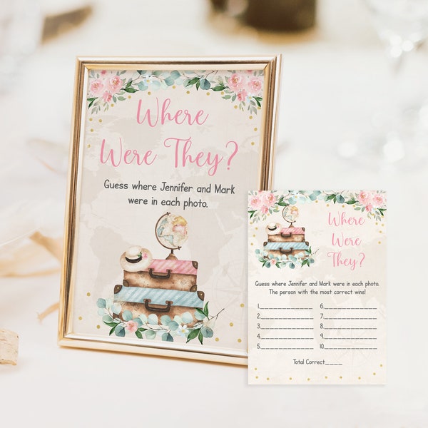 Editable Where Were They Travel Bridal Shower Game Miss To Mrs Pink Gold Floral Eucalyptus Globe Suitcase Traveling Digital Download B200