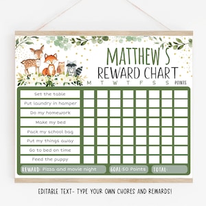 BEWERKBARE Woodland Reward Chart, Woodland Behavior Chart, Woodland Forest Dieren, Genderneutraal, Chore Chart, Afdrukbaar, Digitale A524