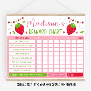 EDITABLE Strawberry Reward Chart Strawberry Behavior Chart Girls Daily Reward Chart Daily Chore Chart Printable Digital Template A542