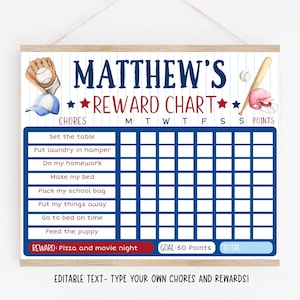 EDITABLE Baseball Reward Chart, Boys Reward Chart, Baseball Chore Chart, Sports Reward Chart, Behavior Chart Printable Digital Download BC image 1