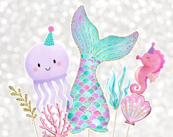 Mermaid Birthday Centerpiece Cake Toppers Cut Outs Girls Mermaid Party Under The Sea Party Pink Purple Teal Gold Digital Download A615