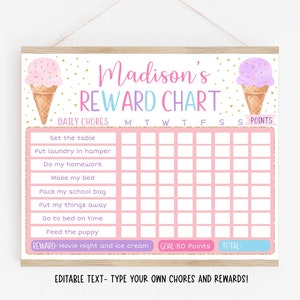 Editable Ice Cream Reward Chart, Ice Cream Behavior Chart, Rainbow Ice Cream, Girls Reward Chart, Chore Chart, Printable, Digital A611