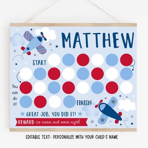 May include: A blue and red printable chart with a cartoon airplane and stars. The chart is a reward chart for kids with the text "You can do it!" and "Great job, you did it!" The chart is personalized with the name "MATTHEW".