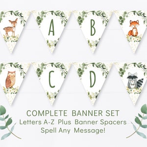 Woodland Baby Shower Banner Greenery Woodland Forest Animals Gender Neutral Letters A-Z Banner Kit Printable Digital Instant Download A524