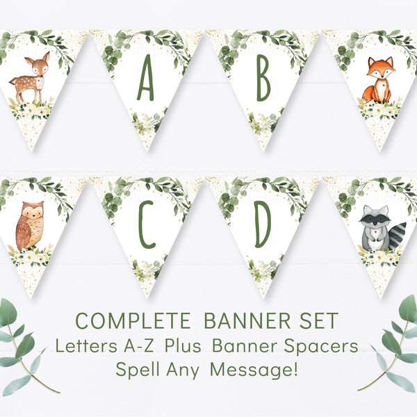 Wald-Baby-Dusche-Banner im Wald Waldtiere Gender Neutral Buchstaben A-Z Banner Kit druckbare digitale Sofort-Download-A524