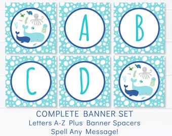 Blue Under The Sea Baby Shower Banner Nautical Whale Sea Creature Baby Boy Banner Letters A-Z Digital Printable Instant Download A179