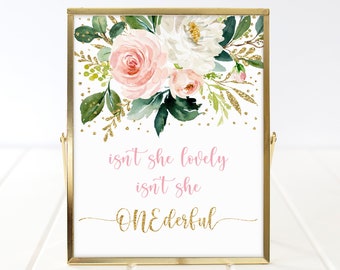 Isn't She Onederful Pink Floral Birthday Sign Little Miss Onederful Girl First Birthday Pink Gold Floral Boho Chic Printable Digital A561