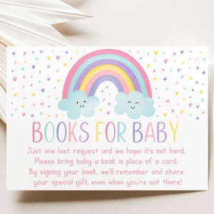 Boek aanvraagkaarten regenboog regenboog babyshower pastel regenboog wolken meisje babyshower boeken voor baby afdrukbare Instant Download A549