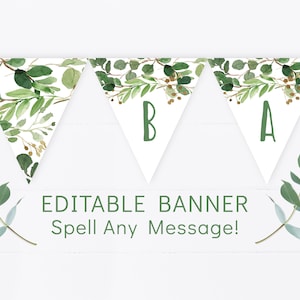 Editable Rústico Verde Floral Baby Shower Banner Greenery Baby Shower Acuarela Hojas Género Neutral Digital Descarga Instantánea A178