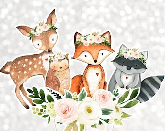 Girl Woodland Baby Shower Centerpiece, Cake Topper, Cut Outs, Pink Floral Woodland Animal Party Decor, Printable Digital Download A516