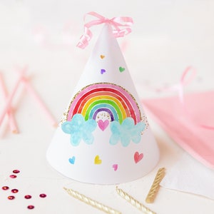 Rainbow Birthday Party Hat Girls Rainbow Party Pink Gold Rainbow Clouds Hearts Watercolor Rainbow Printable Digital Download A661