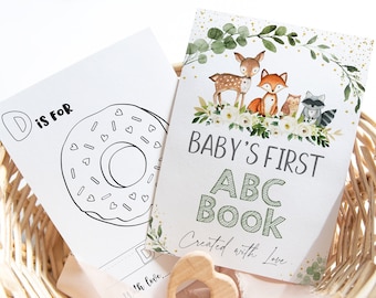 ABC Book Baby Shower Game Woodland Greenery Alphabet Coloring Book Baby's First ABC Book Baby Shower Coloring Pages Digital Download A524