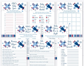 Airplane Baby Shower Games Package Red & Blue Airplane Boy Baby Shower Games Bundle 8 Printable Games Digital Instant Download A566