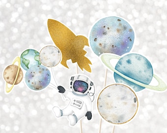 Space Birthday Centerpiece Cake Toppers Cut Outs Astronaut Outer Space Party Blue Gold Galaxy Planets Rocket Ship Digital Download A606
