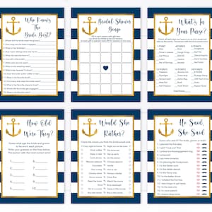 Nautical Bridal Shower Games Package Anchor Bridal Shower Navy & Gold Nautical Set of 6 Games Printable Digital Instant Download B101