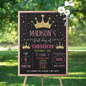 Editable First Day of Kindergarten Sign Princess First Day of School Sign Girl Pink Gold Princess Crown Chalkboard Sign Digital Download