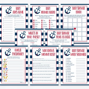 Nautical Baby Shower Games Package Anchor Baby Shower Navy & Red Stripe Boy Baby Shower 8 Printable Games Digital Instant Download A212