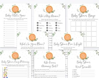 Little Cutie Baby Shower Games Package Clementine Summer Coed Gender Neutral Greenery Set of 8 Printable Games Digital Instant Download A535