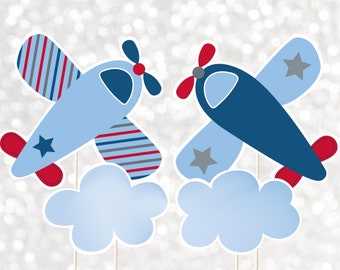 Airplane Baby Shower Centerpiece Cake Topper Cut Outs Boy Baby Shower Stars Clouds Blue Red Printable Digital Instant Download A566