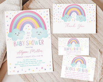 Editable Rainbow Baby Shower Invitation Bundle Pastel Rainbow Clouds Stars Hearts Girl Diaper Raffle Book Card Suite Digital Download A549