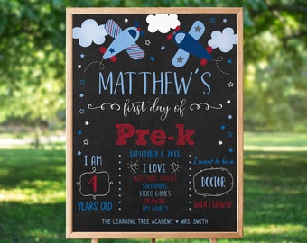 Editable First Day of Pre-K Sign Airplane First Day of Pre-Kindergarten Sign Boy First Day Of School Chalkboard Sign Printable Digital