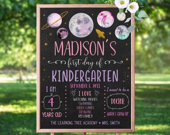 Editable First Day of Kindergarten Sign Pink Galaxy Space First Day of School Sign Girl Chalkboard Sign Photo Prop Digital Download