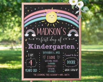 Editable Sunshine First Day of Kindergarten Sign Pink Pastel Rainbow Clouds Girl Chalkboard Back To School Sign Printable Digital Download