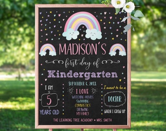 Editable Rainbow First Day of Kindergarten Sign Pink Pastel Rainbow Clouds Girl Chalkboard First Day Of School Sign Printable Digital