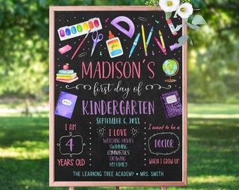 Editable First Day of Kindergarten Sign First Day of School Chalkboard Sign Girl Back To School Sign Pink Purple Digital Download