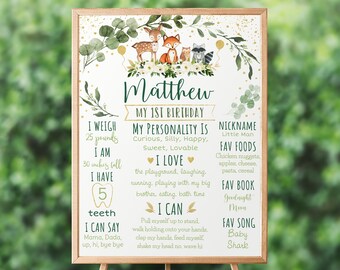 Editable Woodland Milestone Birthday Sign Woodland Animals Forest Animals Greenery Gold Boy 1st Birthday Milestone Digital Printable A524