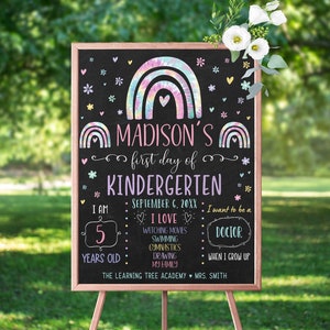 Editable First Day of Kindergarten Sign Tie Dye Rainbow First Day of School Sign Pastel Rainbow Chalkboard School Sign Digital Download