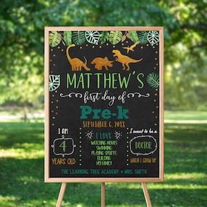 Editable Dinosaur First Day of Pre-K Sign First Day of Pre-Kindergarten Sign Boy Dinosaur Green Gold Chalkboard School Sign Digital