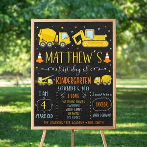 Editable Construction First Day of Kindergarten Sign First Day of School Sign Boy Construction Trucks Chalkboard School Sign Digital