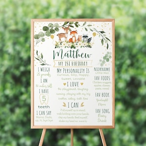Editable Woodland Milestone Birthday Sign Woodland Animals Forest Animals Greenery Gold Boy 1st Birthday Milestone Digital Printable A524