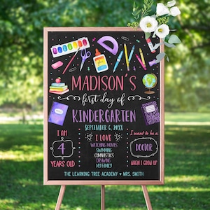 Editable First Day of Kindergarten Sign First Day of School Chalkboard Sign Girl Back To School Sign Pink Purple Digital Download