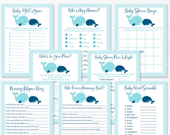 Whale Baby Shower Games Package Nautical Baby Shower Boy Baby Shower Games Bundle 8 Printable Games Digital Instant Download A160