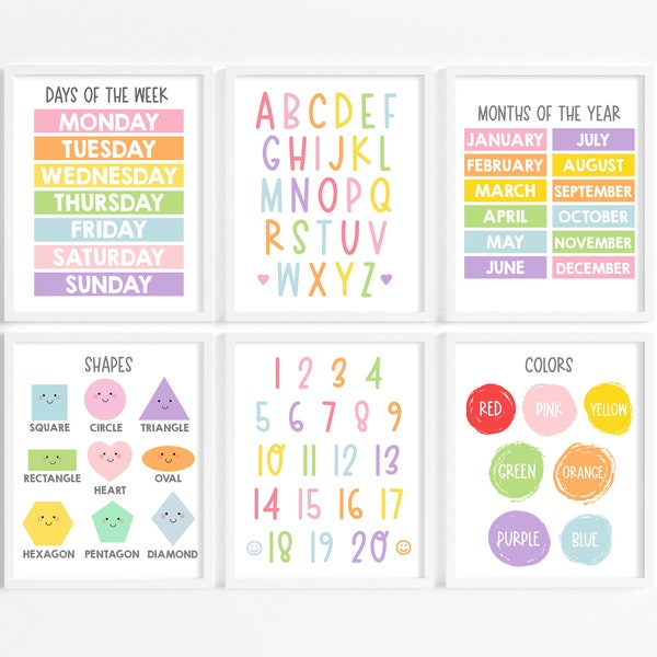 Set of 6 Rainbow Prints Pastel Rainbow Nursery Art Rainbow Wall Art Educational Prints Homeschool Learning ABCs Numbers Colors Digital K100