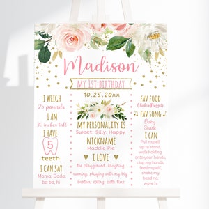 Puede incluir: Un letrero de primer cumpleaños personalizado con el nombre "Madison" en escritura rosa, adornado con motivos florales. El letrero incluye detalles como peso (11,3 kg), altura (76 cm) y preferencias.