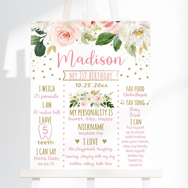 Placa de aniversário editável com estampa floral em tons de rosa e dourado, placa comemorativa do primeiro aniversário, primeiro aniversário rosa e dourado, arquivo digital para impressão A492