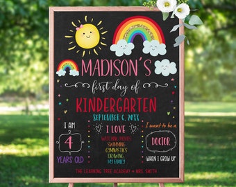 Editable First Day of Kindergarten Sign Rainbow First Day of School Sign Pink Gold Rainbow Sun Clouds Chalkboard Back To School Sign DIGITAL
