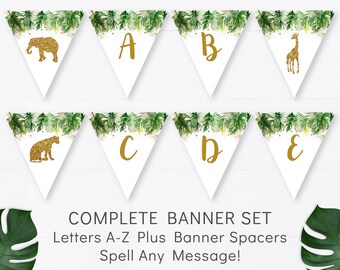 safari baby shower bunting banner a z jungle zoo animals alphabet banner all letters and numbers printable digital instant download paper party supplies party decor