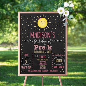 Editable Sunshine First Day of Pre-K Sign First Day of Pre-Kindergarten Sign Pink Gold Sunshine Girl Chalkboard Sign Printable Digital